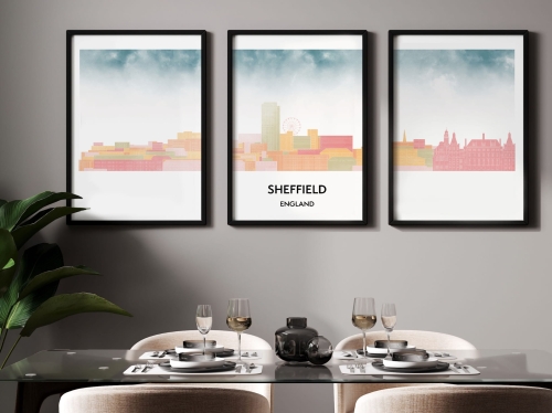 Plakat skylines TRYPTYK Sheffield w stylu Watercolor/ Akwarelowym