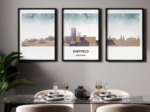 Plakat skylines TRYPTYK Sheffield w stylu Watercolor/ Akwarelowym