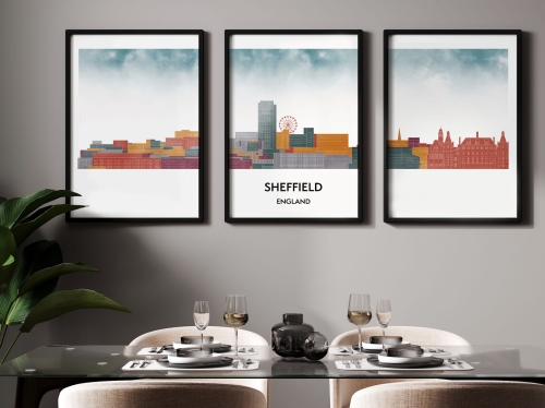 Plakat skylines TRYPTYK Sheffield w stylu Watercolor/ Akwarelowym