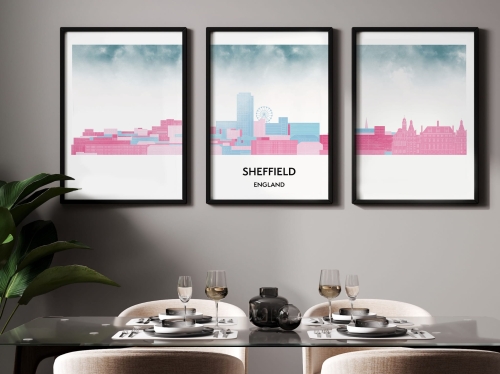Plakat skylines TRYPTYK Sheffield w stylu Watercolor/ Akwarelowym