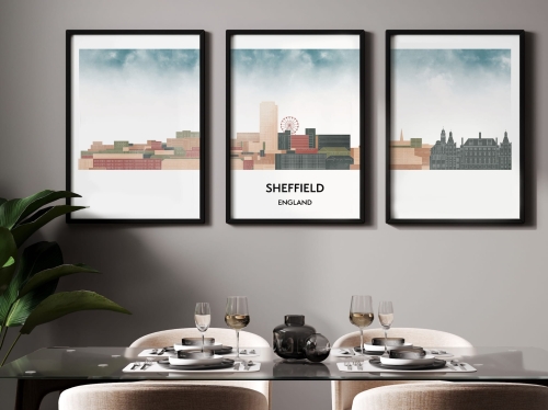 Plakat skylines TRYPTYK Sheffield w stylu Watercolor/ Akwarelowym