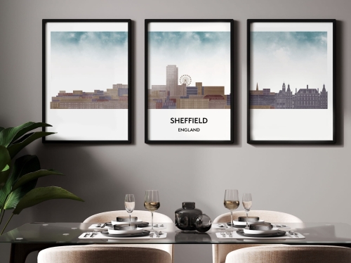 Plakat skylines TRYPTYK Sheffield w stylu Watercolor/ Akwarelowym