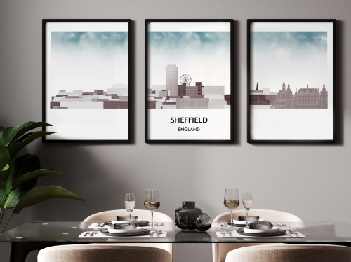 Plakat skylines TRYPTYK Sheffield w stylu Watercolor/ Akwarelowym
