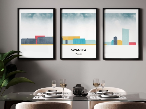 Plakat skylines TRYPTYK Swansea w stylu Watercolor/ Akwarelowym