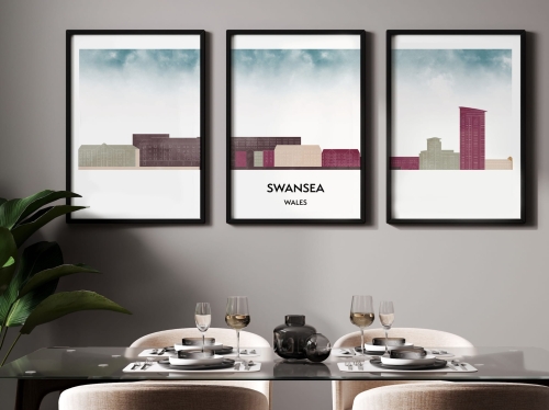 Plakat skylines TRYPTYK Swansea w stylu Watercolor/ Akwarelowym