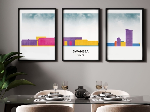 Plakat skylines TRYPTYK Swansea w stylu Watercolor/ Akwarelowym