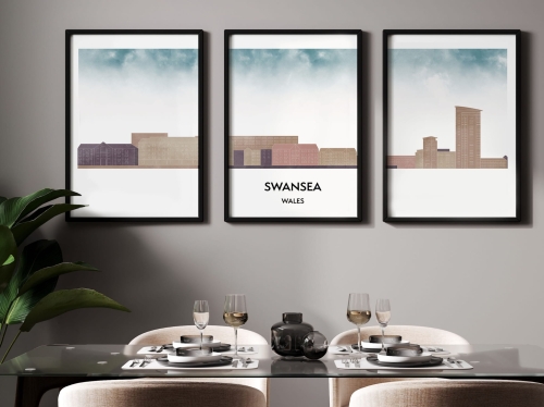Plakat skylines TRYPTYK Swansea w stylu Watercolor/ Akwarelowym