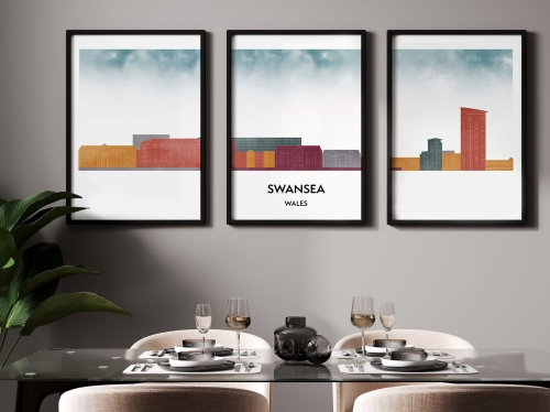 Plakat skylines TRYPTYK Swansea w stylu Watercolor/ Akwarelowym