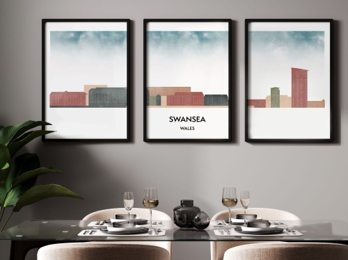 Plakat skylines TRYPTYK Swansea w stylu Watercolor/ Akwarelowym