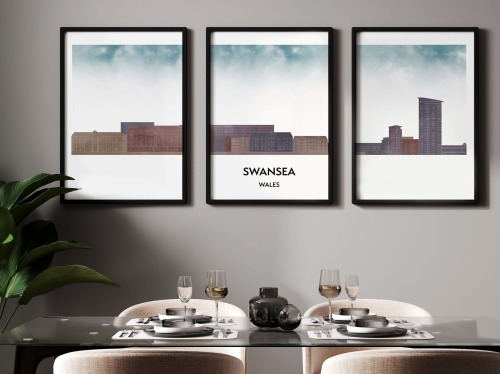 Plakat skylines TRYPTYK Swansea w stylu Watercolor/ Akwarelowym