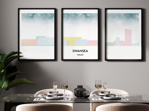 Plakat skylines TRYPTYK Swansea w stylu Watercolor/ Akwarelowym