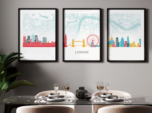 Plakat skylines TRYPTYK Londyn London z mapą
