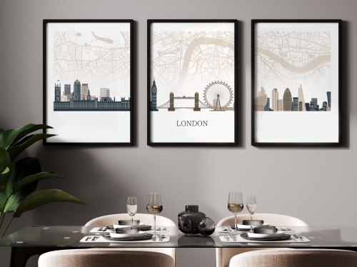 Plakat skylines TRYPTYK Londyn London z mapą