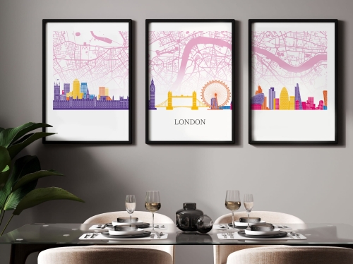 Plakat skylines TRYPTYK Londyn London z mapą