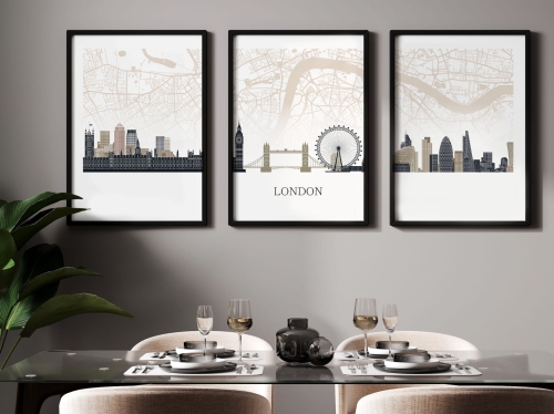Plakat skylines TRYPTYK Londyn London z mapą
