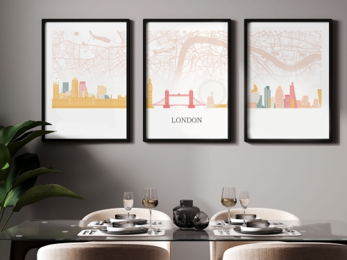 Plakat skylines TRYPTYK Londyn London z mapą