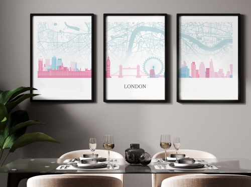 Plakat skylines TRYPTYK Londyn London z mapą