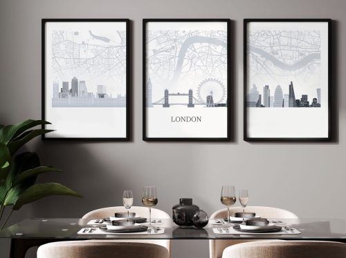 Plakat skylines TRYPTYK Londyn London z mapą