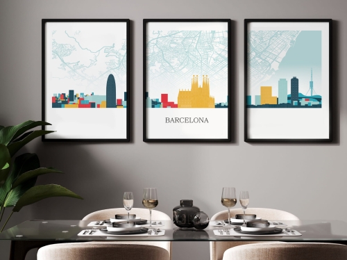 Plakat skylines TRYPTYK Barcelona z mapą