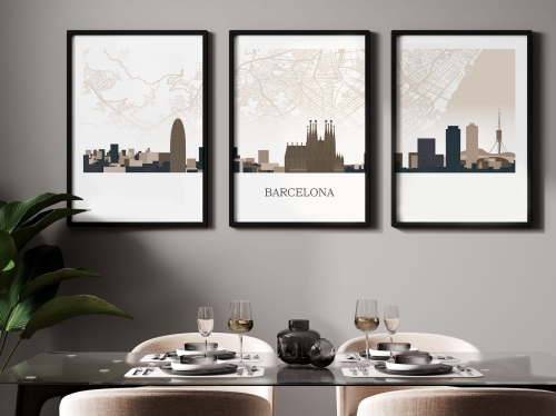 Plakat skylines TRYPTYK Barcelona z mapą