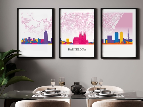 Plakat skylines TRYPTYK Barcelona z mapą