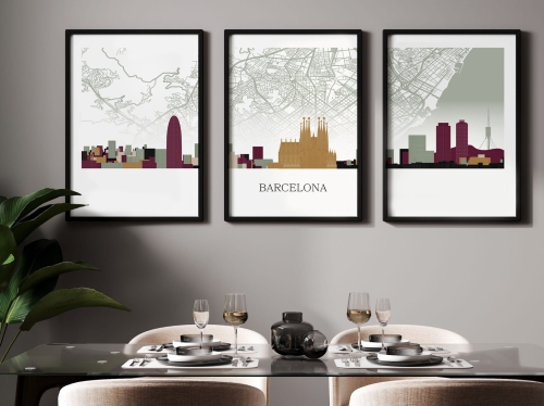 Plakat skylines TRYPTYK Barcelona z mapą