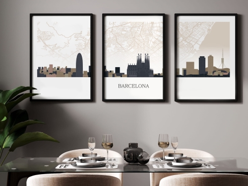 Plakat skylines TRYPTYK Barcelona z mapą