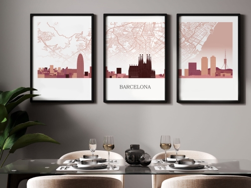 Plakat skylines TRYPTYK Barcelona z mapą