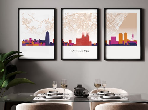Plakat skylines TRYPTYK Barcelona z mapą