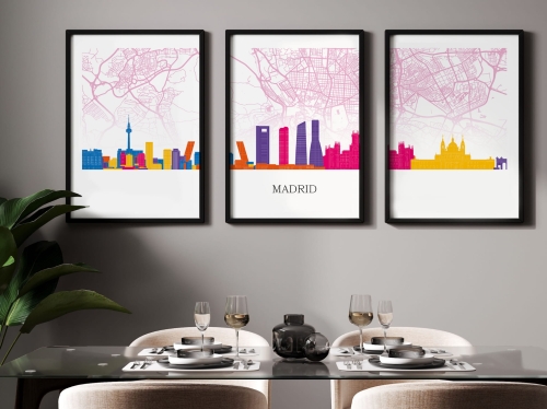 Plakat skylines TRYPTYK Madryt Madrid z mapą