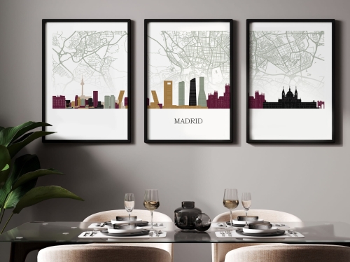 Plakat skylines TRYPTYK Madryt Madrid z mapą