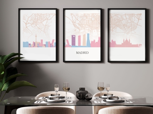 Plakat skylines TRYPTYK Madryt Madrid z mapą