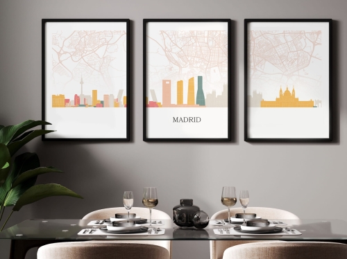 Plakat skylines TRYPTYK Madryt Madrid z mapą