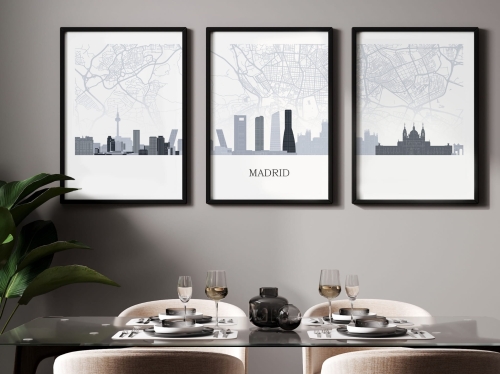 Plakat skylines TRYPTYK Madryt Madrid z mapą