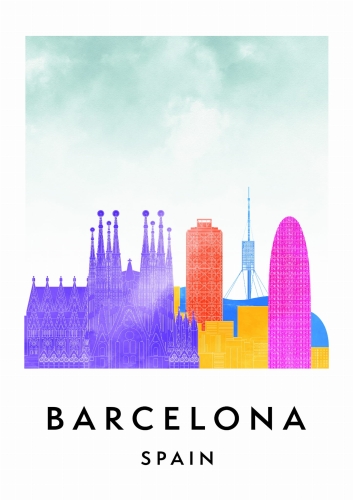 Plakat do salonu skylines Barcelona w stylu Watercolor/ Akwarelowym