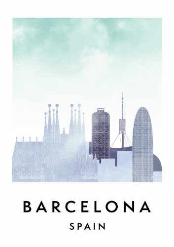 Plakat do salonu skylines Barcelona w stylu Watercolor/ Akwarelowym 