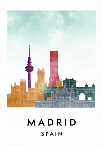 Plakat do salonu skylines Madryt Madrid w stylu Watercolor/ Akwarelowym