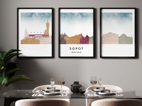 Plakat skylines TRYPTYK Sopot w stylu Watercolor/ Akwarelowym