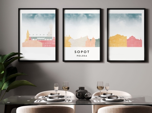 Plakat skylines TRYPTYK Sopot w stylu Watercolor/ Akwarelowym