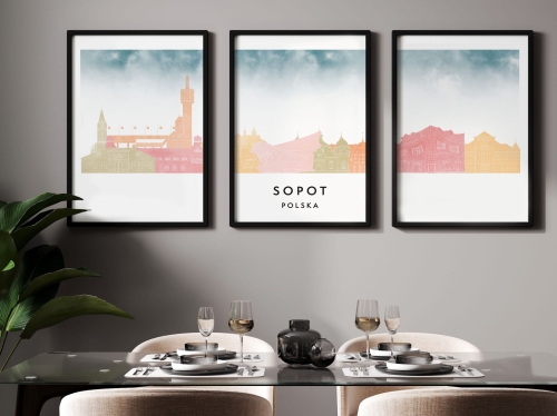 Plakat skylines TRYPTYK Sopot w stylu Watercolor/ Akwarelowym