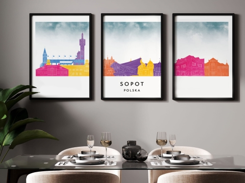 Plakat skylines TRYPTYK Sopot w stylu Watercolor/ Akwarelowym