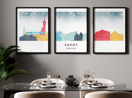 Plakat skylines TRYPTYK Sopot w stylu Watercolor/ Akwarelowym