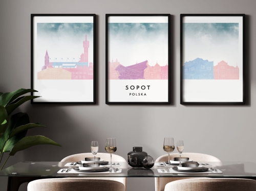 Plakat skylines TRYPTYK Sopot w stylu Watercolor/ Akwarelowym