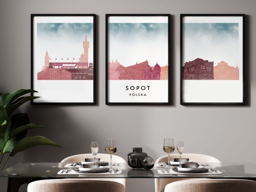 Plakat skylines TRYPTYK Sopot w stylu Watercolor/ Akwarelowym