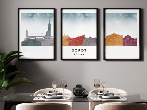Plakat skylines TRYPTYK Sopot w stylu Watercolor/ Akwarelowym