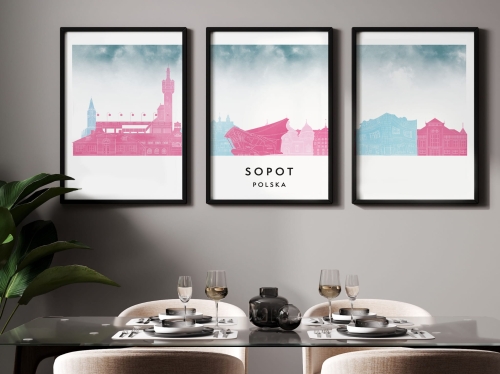 Plakat skylines TRYPTYK Sopot w stylu Watercolor/ Akwarelowym