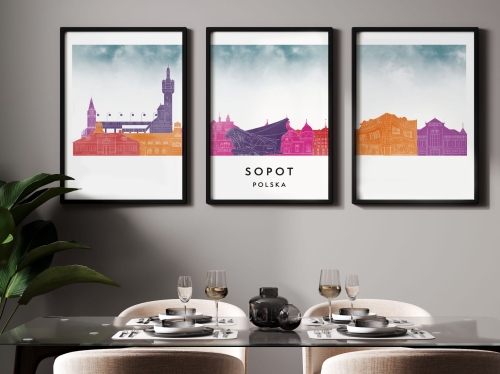 Plakat skylines TRYPTYK Sopot w stylu Watercolor/ Akwarelowym
