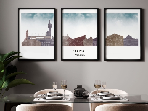 Plakat skylines TRYPTYK Sopot w stylu Watercolor/ Akwarelowym