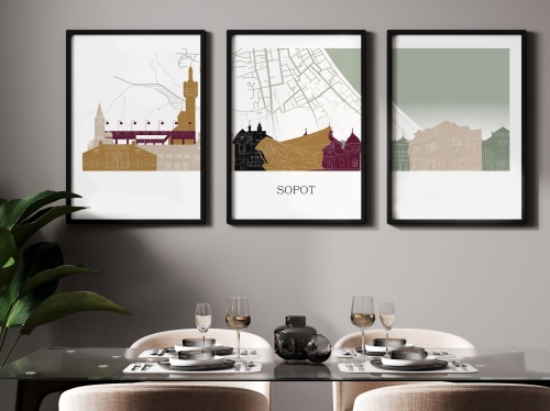 Plakat skylines TRYPTYK Sopot z mapą