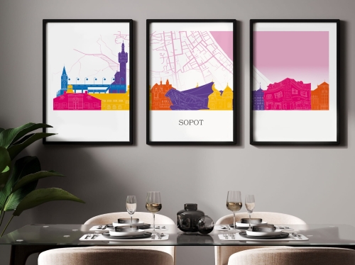 Plakat skylines TRYPTYK Sopot z mapą